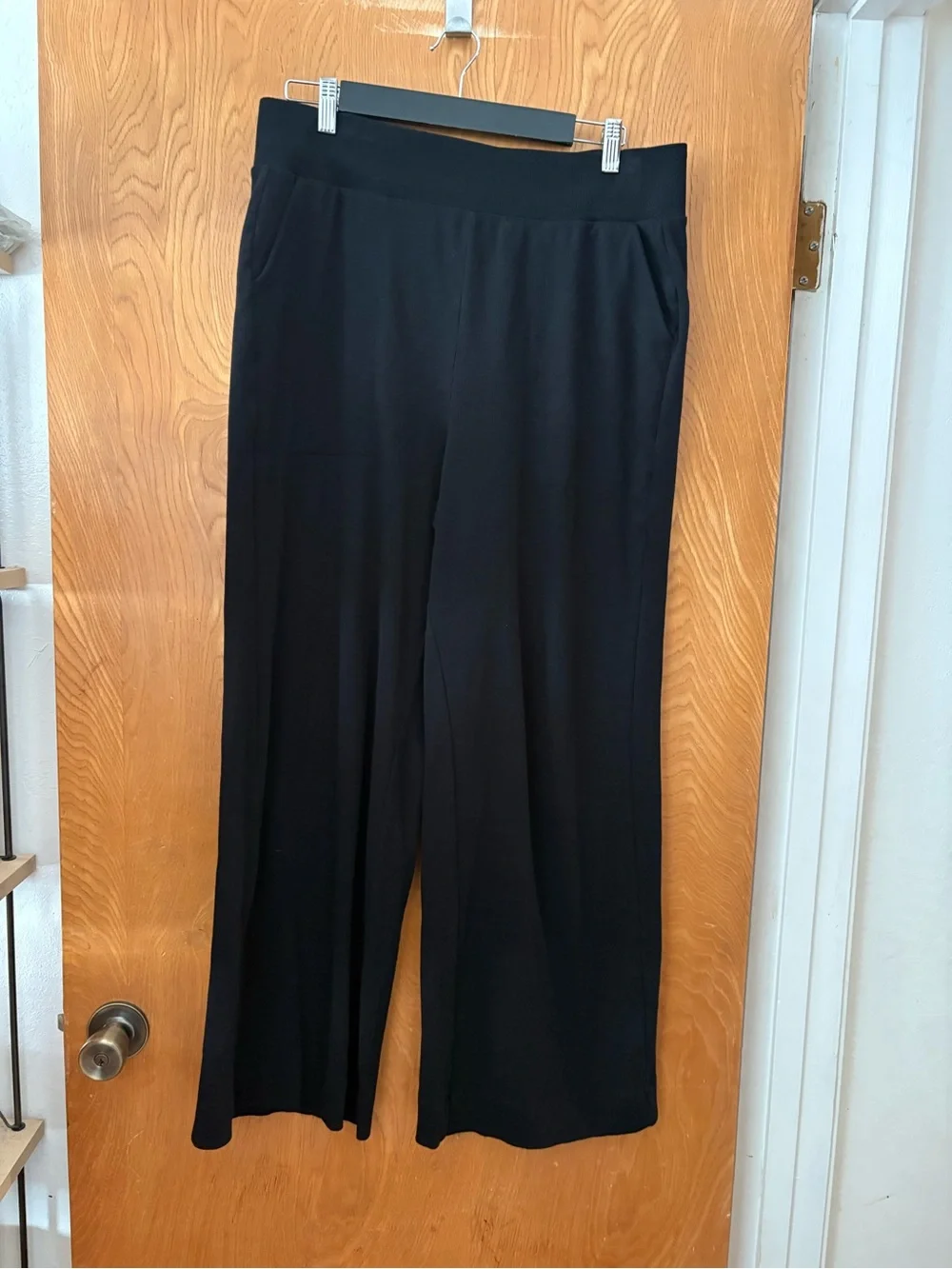 Pact Black Dream Rib Wide Leg pull on Lounge Pant patch pocket L